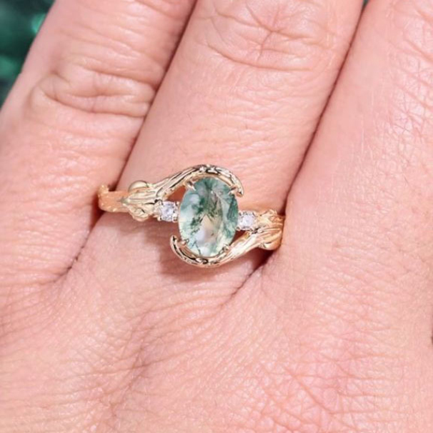 Oval Cut Green Moss Agate Nature Inspired Sterling Yellow Gold Engagement Ring