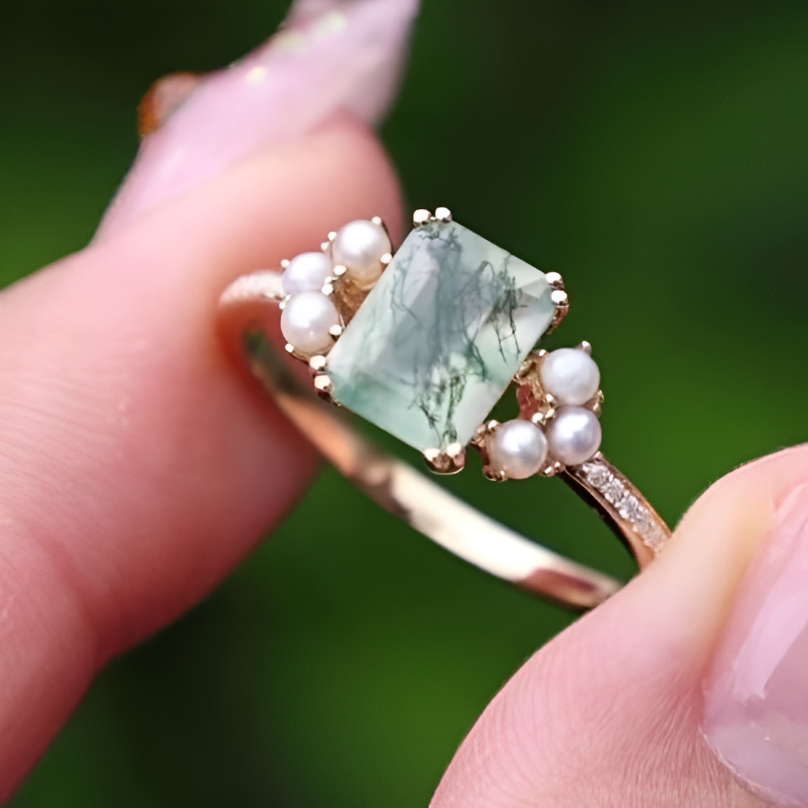 Emerald Cut Green Moss Agate Nature Inspired Sterling Yellow Gold Engagement Ring