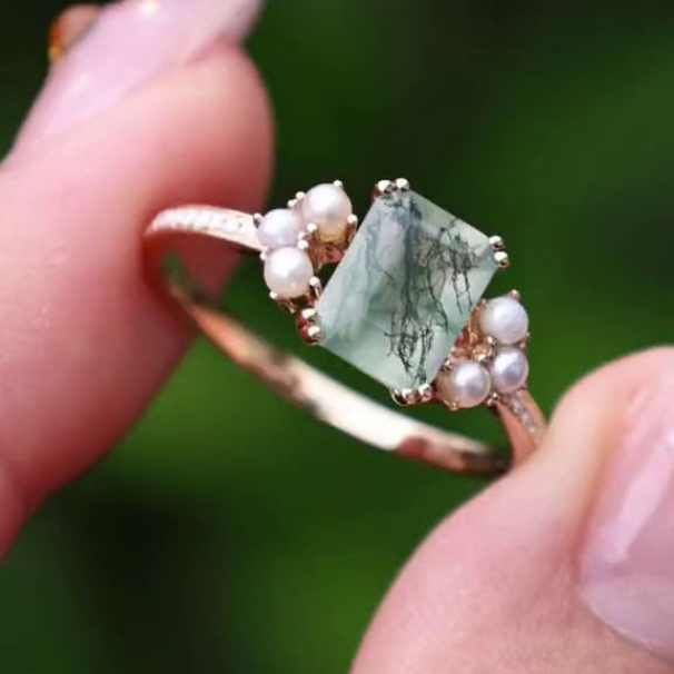 Emerald Cut Green Moss Agate Nature Inspired Sterling Yellow Gold Engagement Ring