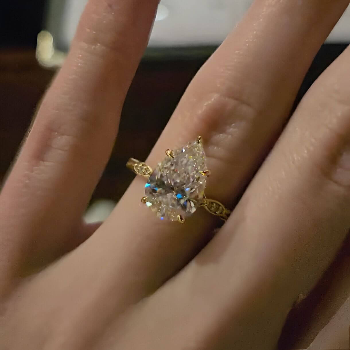 Pear Cut Diamond White Sterling Silver Yellow Gold Classic Engagement Ring