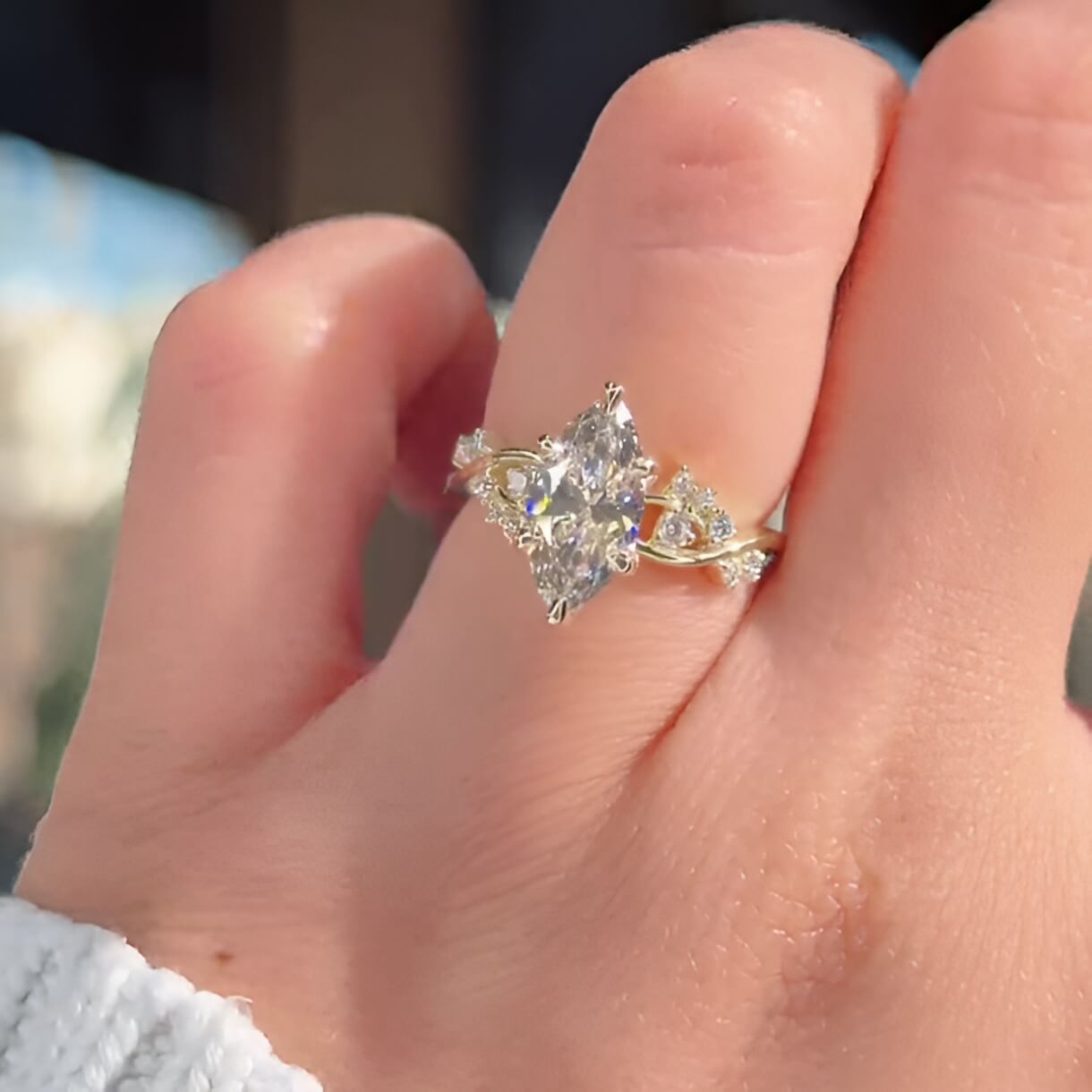 Marquise Cut Diamond White Sterling Silver Yellow Gold Intertwined Engagement Ring