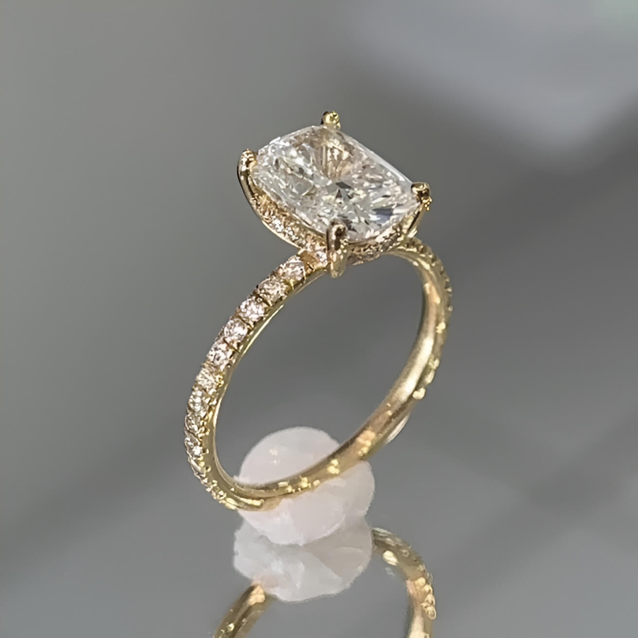 Cushion Cut Diamond White Sterling Silver Yellow Gold Hidden Halo Engagement Ring