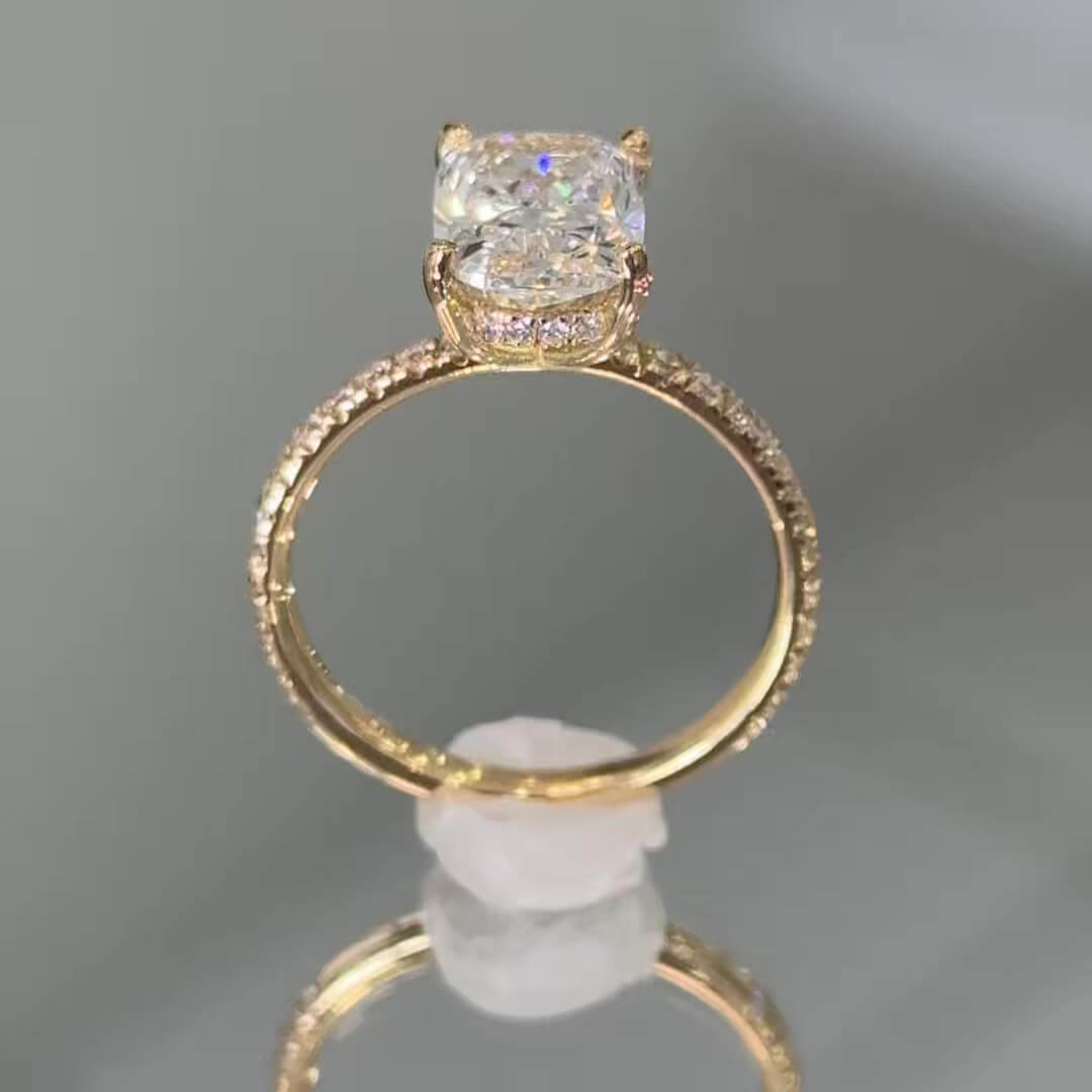 Cushion Cut Diamond White Sterling Silver Yellow Gold Hidden Halo Engagement Ring