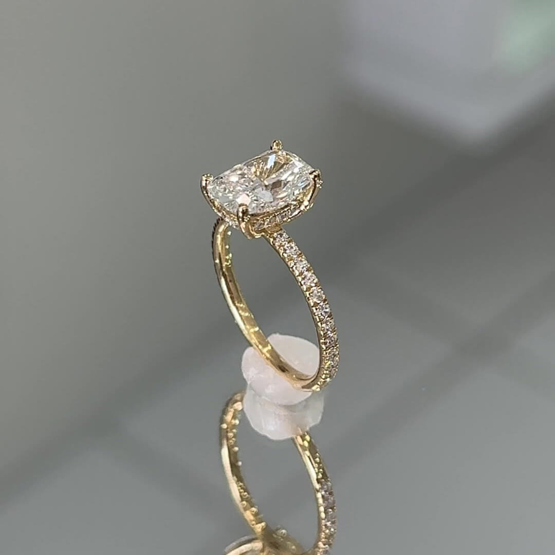 Cushion Cut Diamond White Sterling Silver Yellow Gold Hidden Halo Engagement Ring