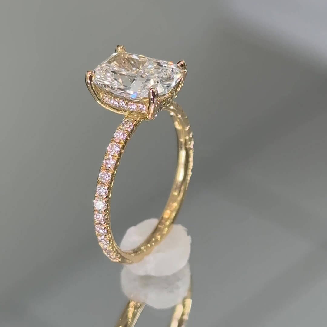 Cushion Cut Diamond White Sterling Silver Yellow Gold Hidden Halo Engagement Ring