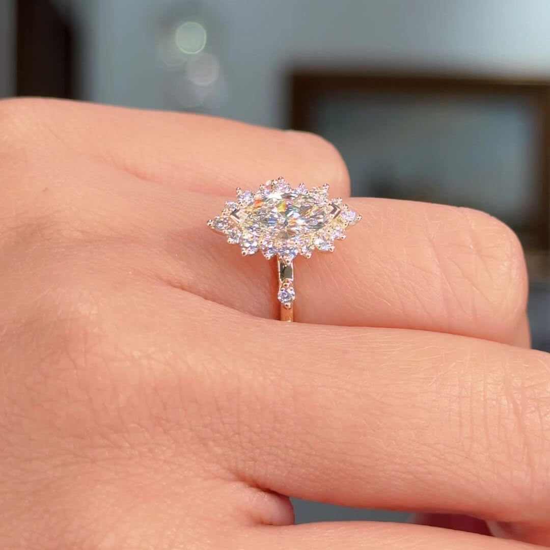 Marquise Cut Diamond White Sterling Silver Yellow Gold Halo Engagement Ring