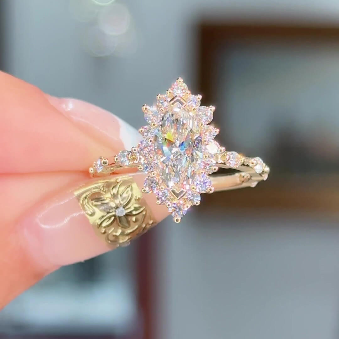 Marquise Cut Diamond White Sterling Silver Yellow Gold Halo Engagement Ring