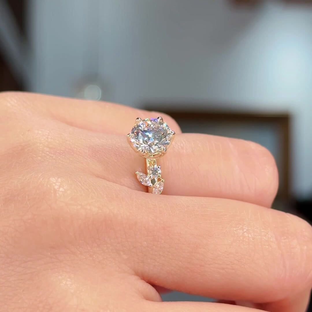 Round Cut Diamond White Sterling Silver Yellow Gold Art Deco Engagement Ring