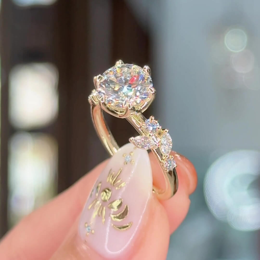 Round Cut Diamond White Sterling Silver Yellow Gold Art Deco Engagement Ring