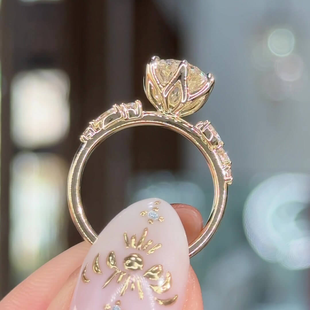 Round Cut Diamond White Sterling Silver Yellow Gold Art Deco Engagement Ring