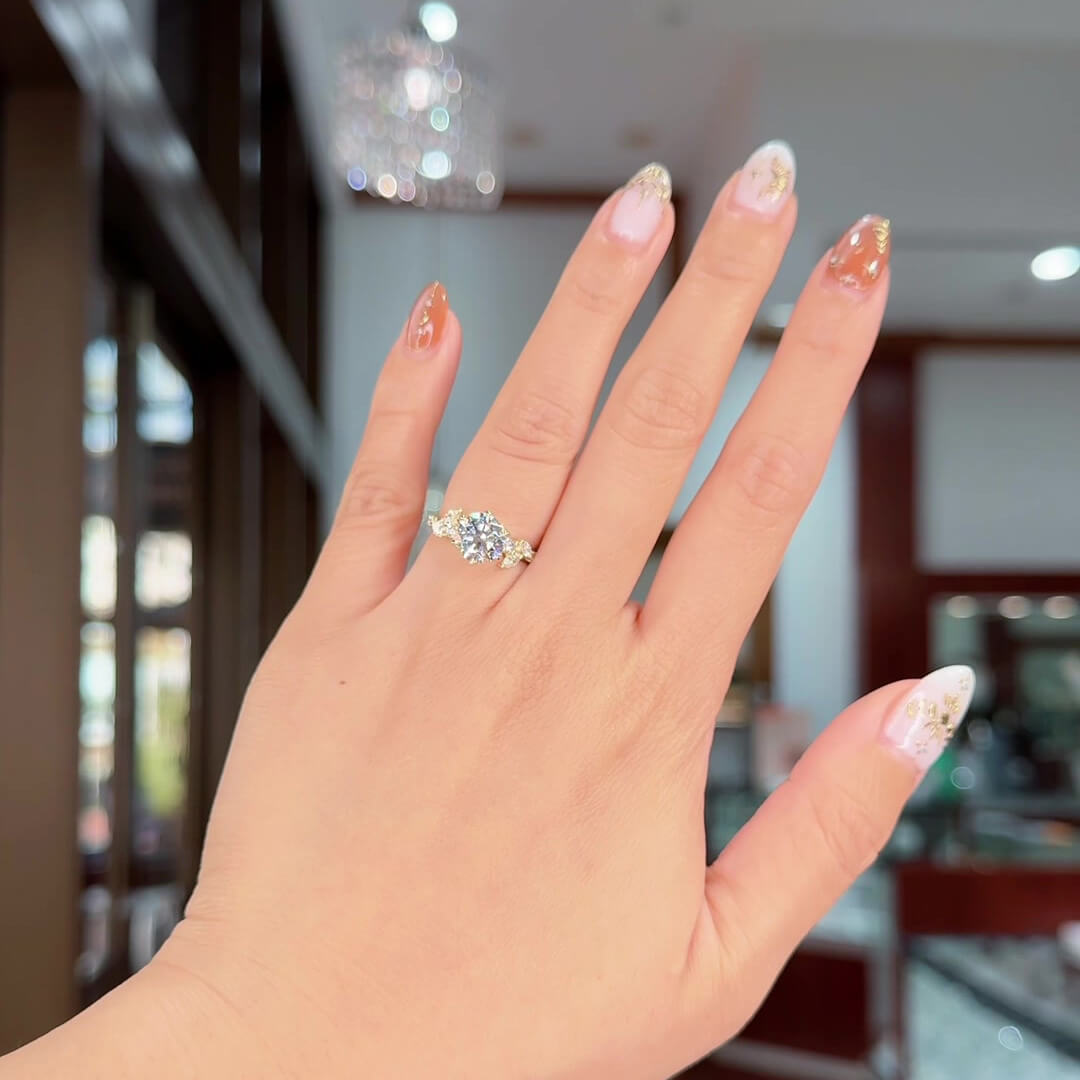 Round Cut Diamond White Sterling Silver Yellow Gold Art Deco Engagement Ring