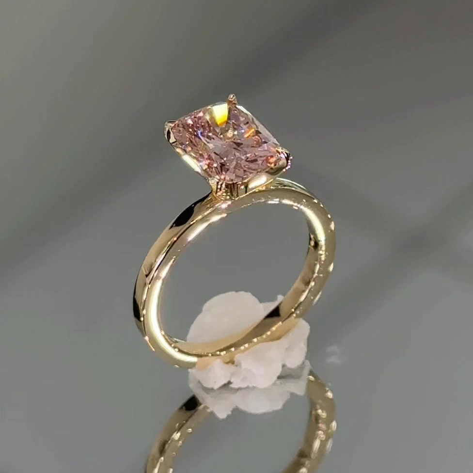 Cushion Cut Fancy Pink Sterling Silver Yellow Gold Solitaire Engagement Ring