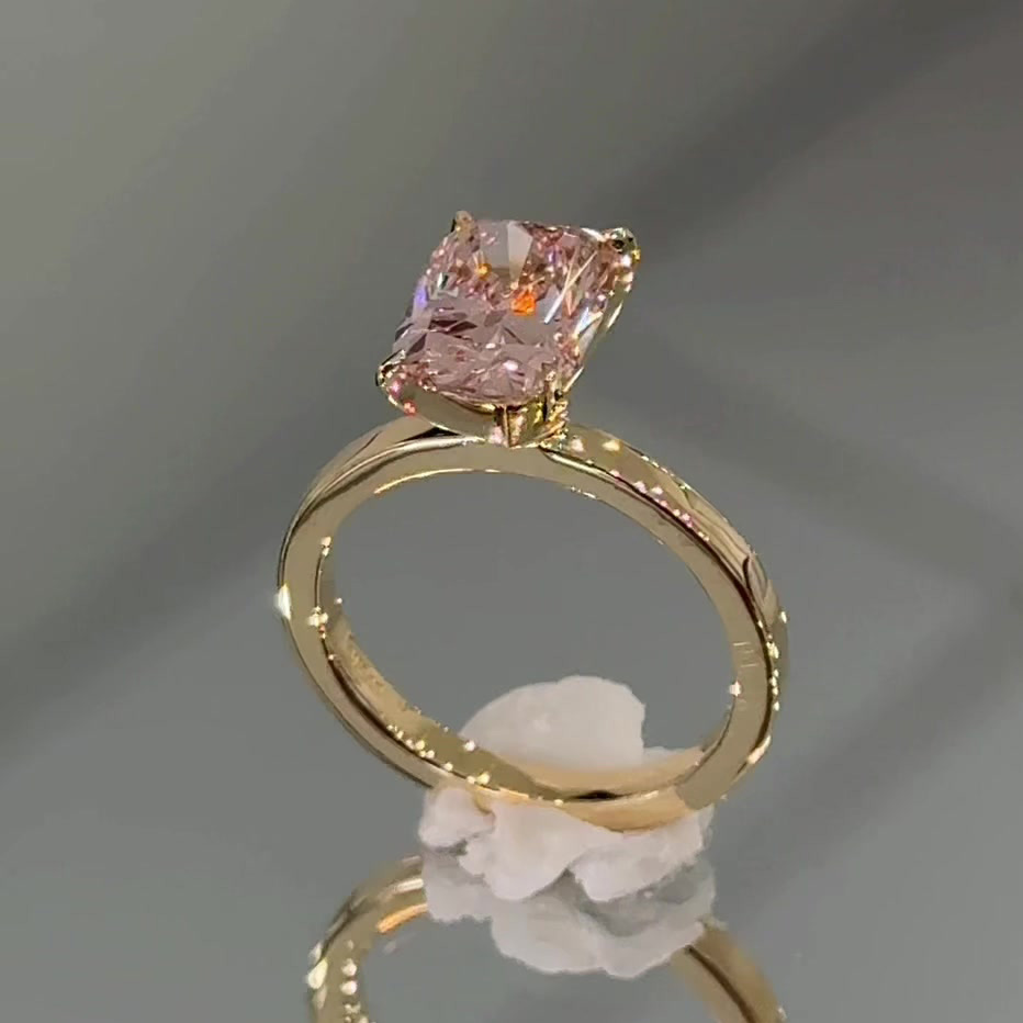 Cushion Cut Fancy Pink Sterling Silver Yellow Gold Solitaire Engagement Ring