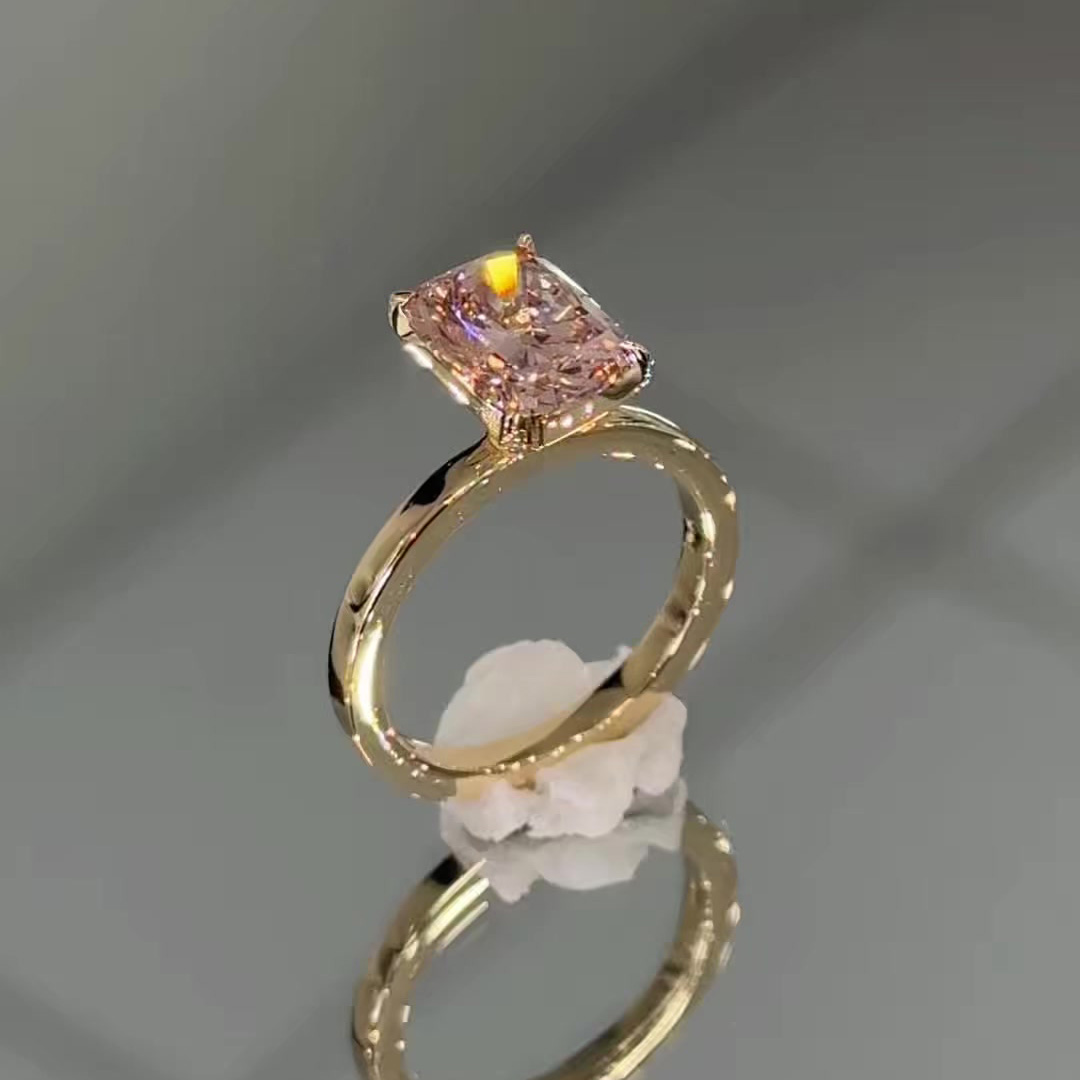 Cushion Cut Fancy Pink Sterling Silver Yellow Gold Solitaire Engagement Ring