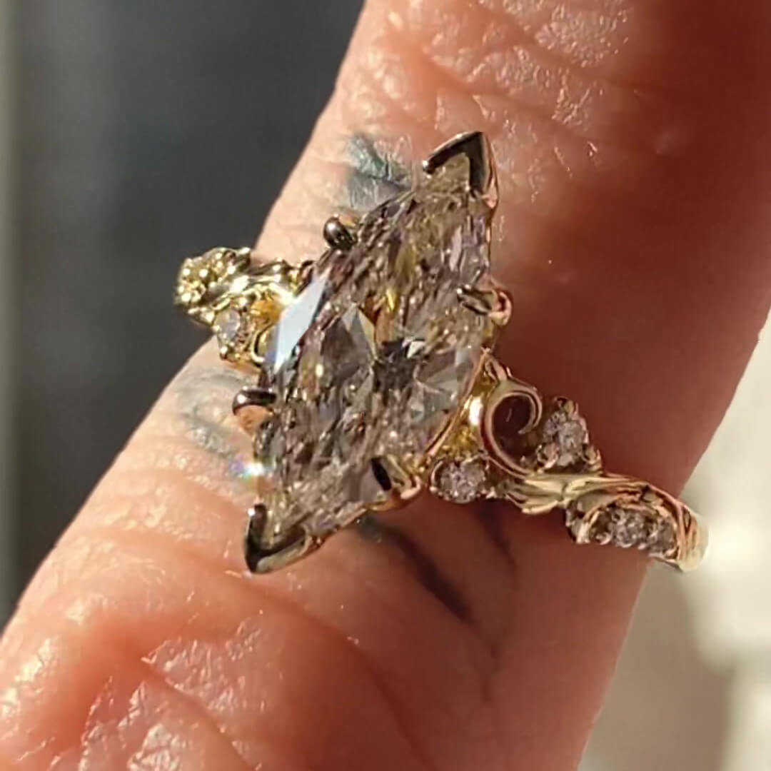 Marquise Cut Diamond White Yellow Gold Sterling Silver Art Deco Engagement Ring