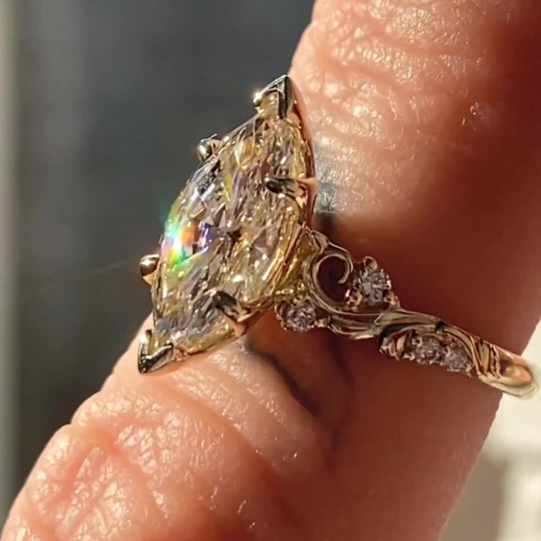 Marquise Cut Diamond White Yellow Gold Sterling Silver Art Deco Engagement Ring