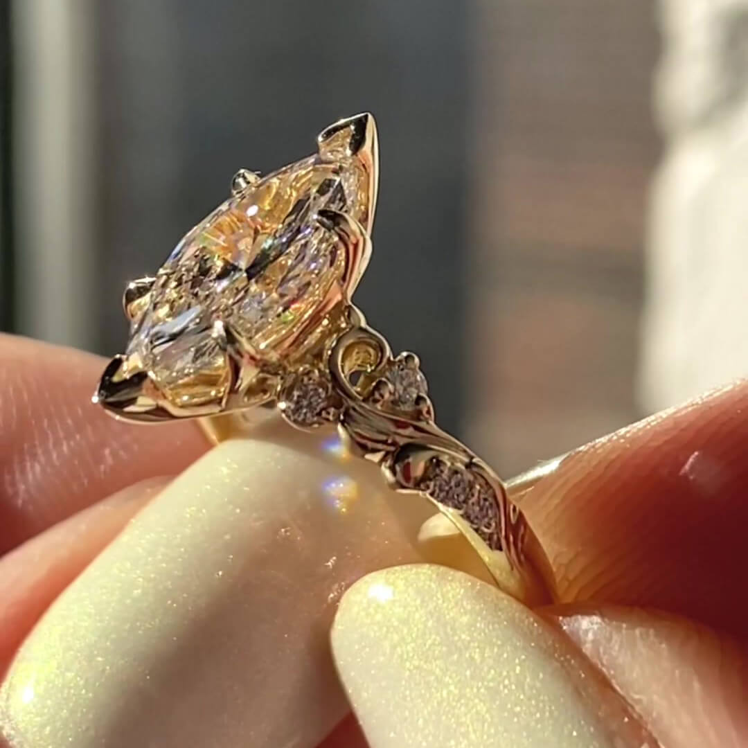 Marquise Cut Diamond White Yellow Gold Sterling Silver Art Deco Engagement Ring
