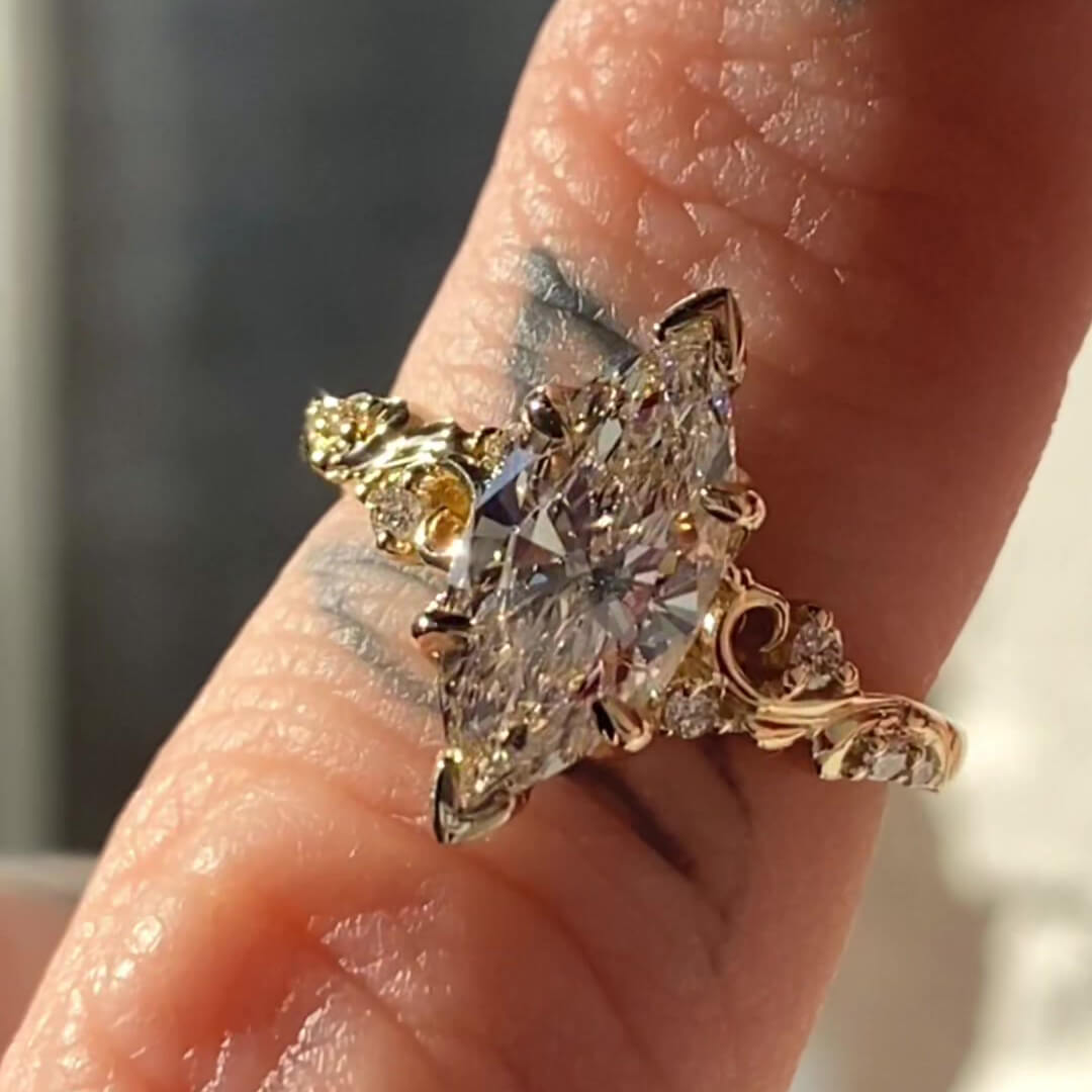 Marquise Cut Diamond White Yellow Gold Sterling Silver Art Deco Engagement Ring