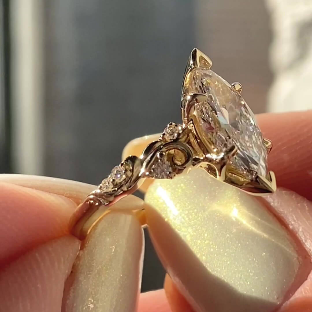 Marquise Cut Diamond White Yellow Gold Sterling Silver Art Deco Engagement Ring