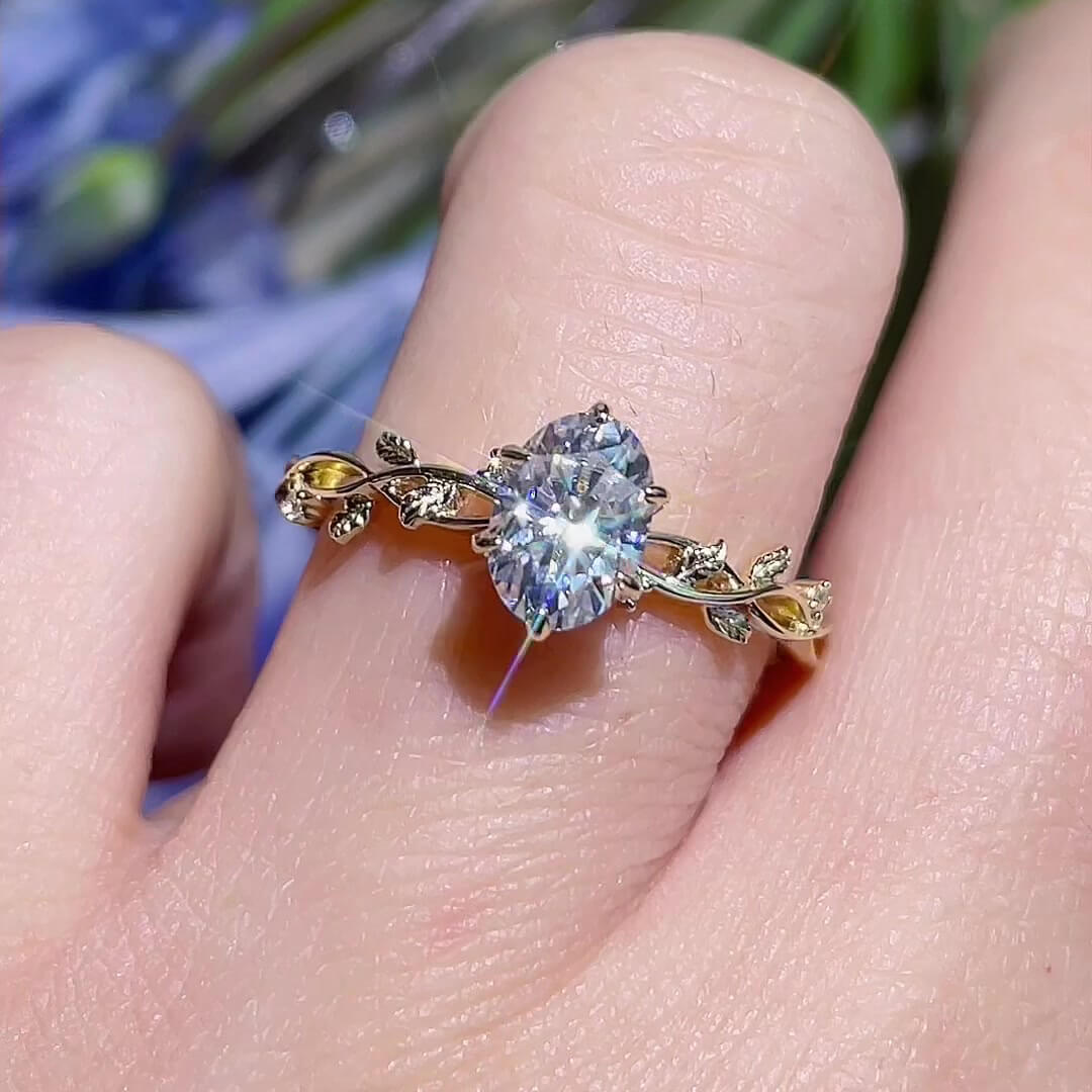 Oval Cut Diamond White Yellow Gold Sterling Silver Leaves Intertwined Engagement Ring