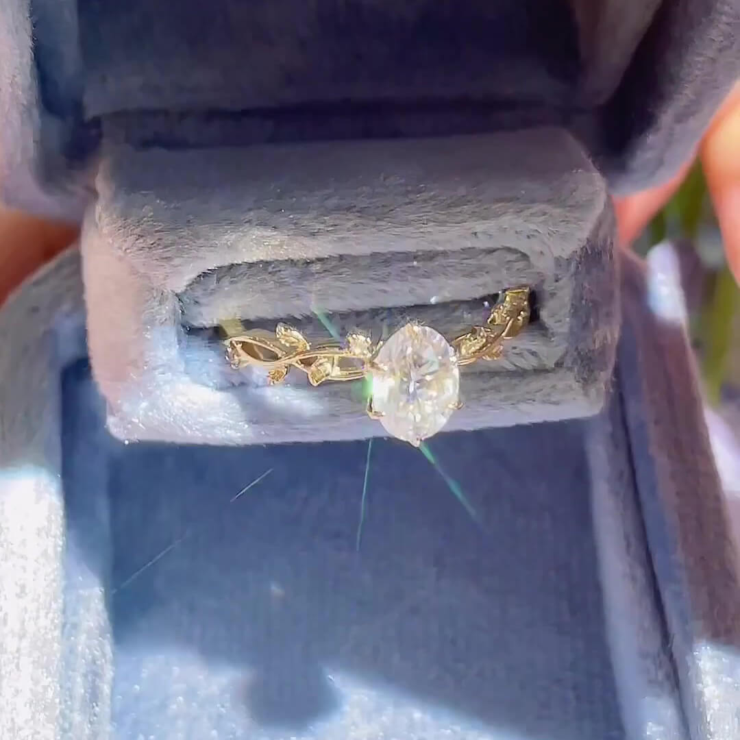 Oval Cut Diamond White Yellow Gold Sterling Silver Leaves Intertwined Engagement Ring