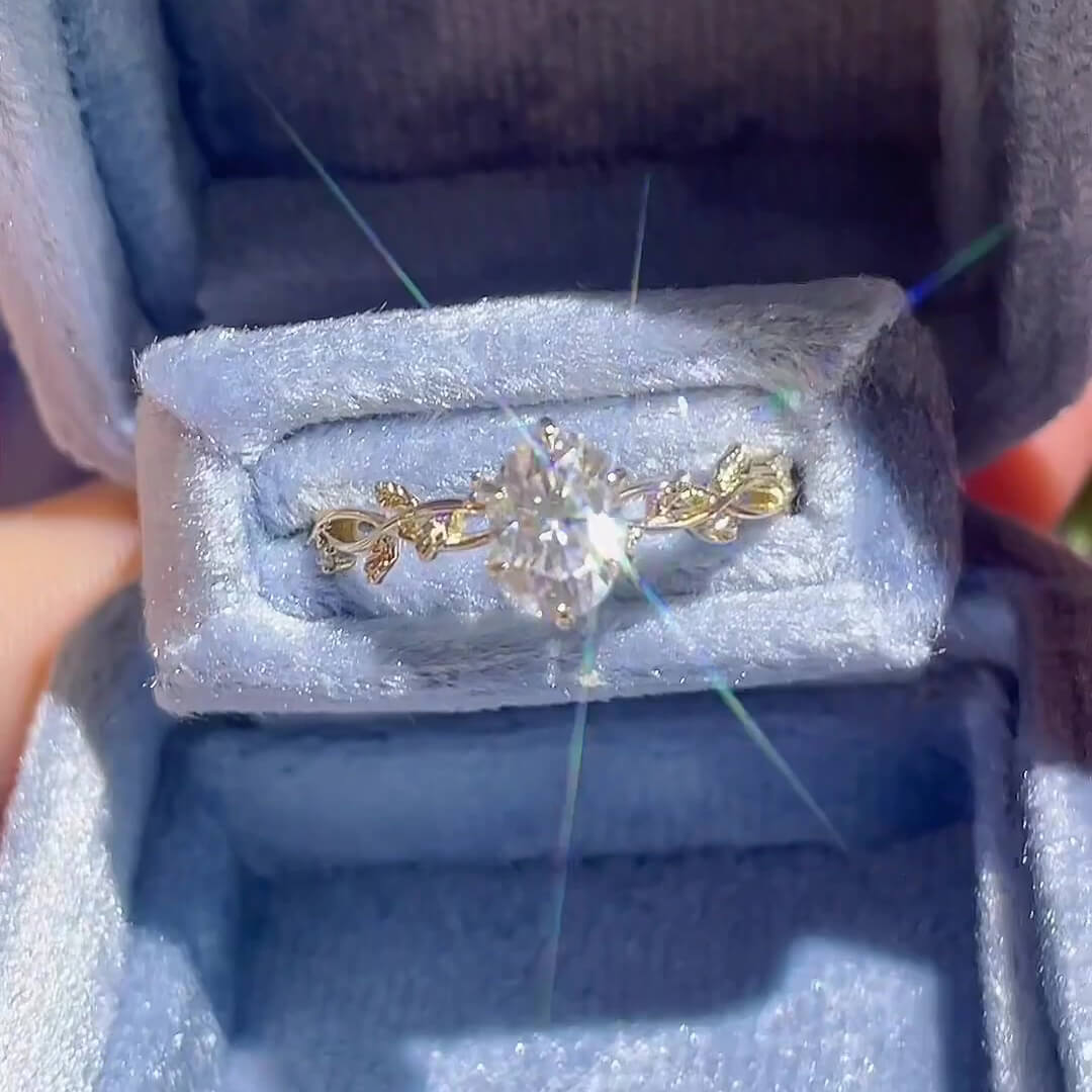 Oval Cut Diamond White Yellow Gold Sterling Silver Leaves Intertwined Engagement Ring