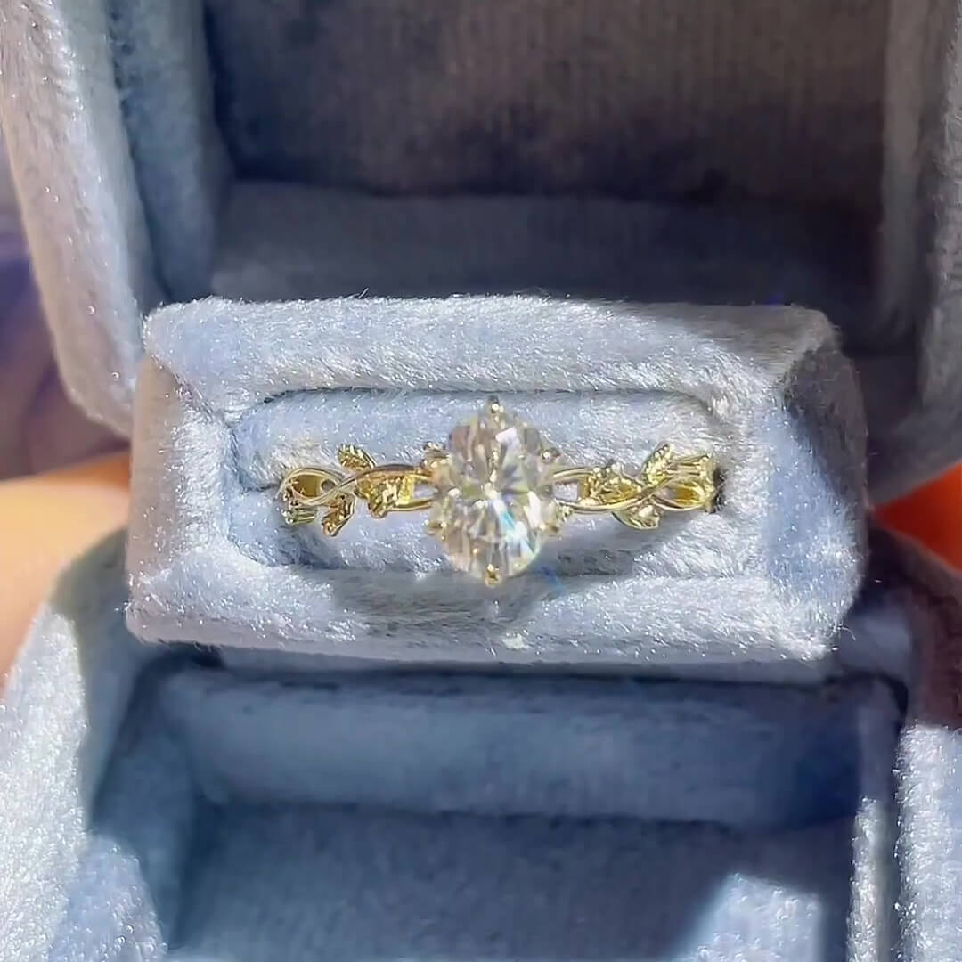 Oval Cut Diamond White Yellow Gold Sterling Silver Leaves Intertwined Engagement Ring