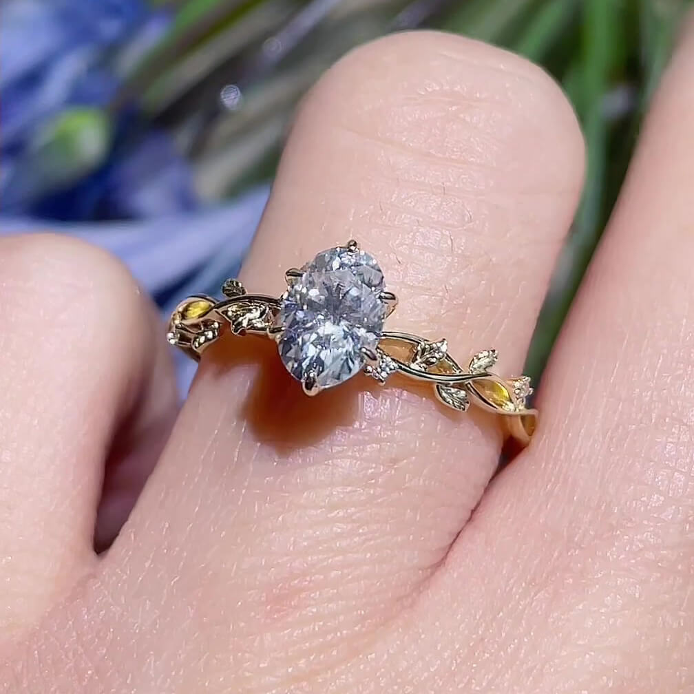 Oval Cut Diamond White Yellow Gold Sterling Silver Leaves Intertwined Engagement Ring