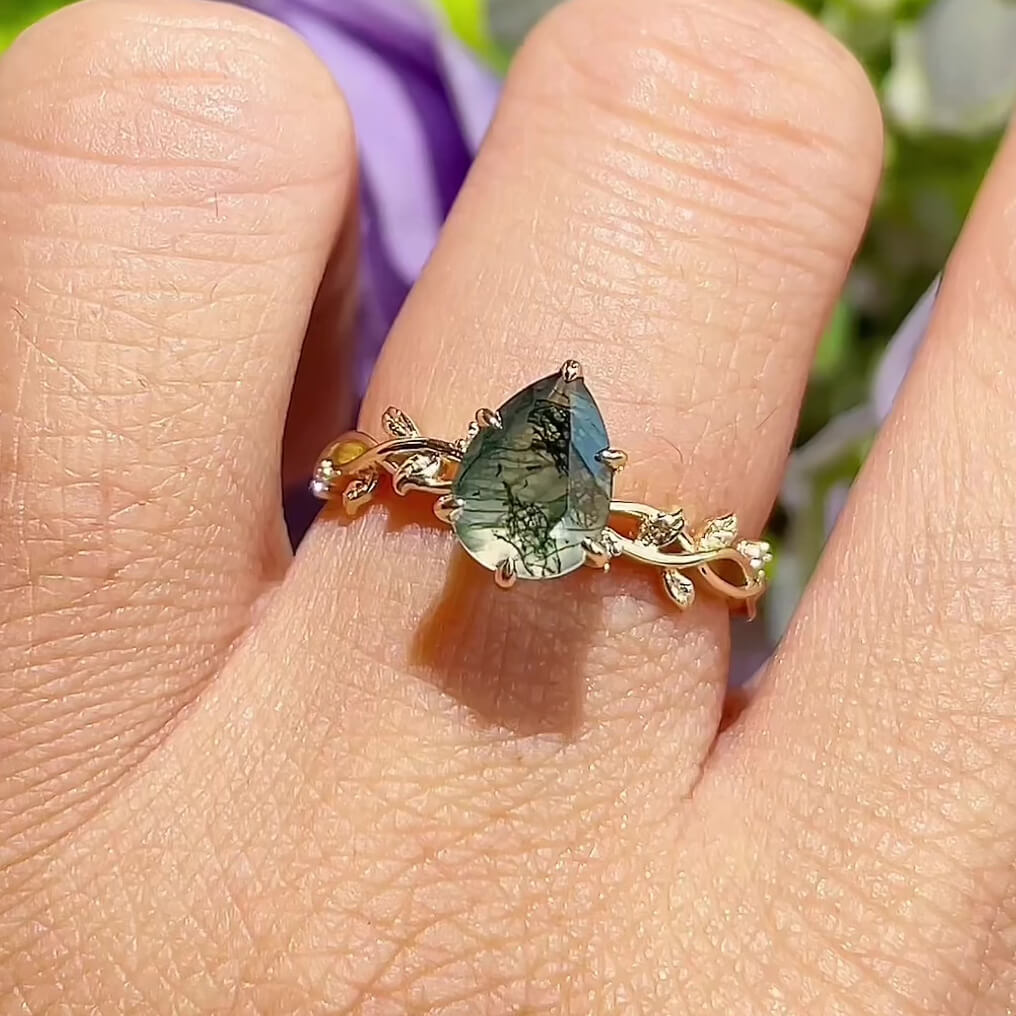 Pear Cut Green Moss Agate Nature Inspired Yellow Gold Sterling Silver Leaves Intertwined Engagement Ring