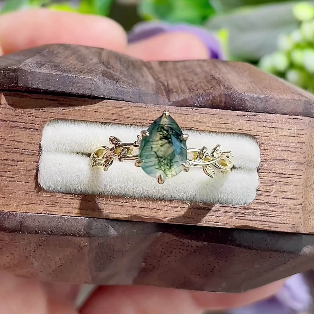 Pear Cut Green Moss Agate Nature Inspired Yellow Gold Sterling Silver Leaves Intertwined Engagement Ring