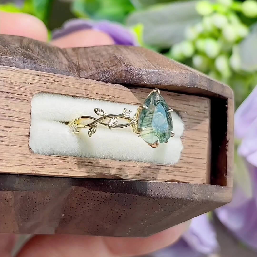 Pear Cut Green Moss Agate Nature Inspired Yellow Gold Sterling Silver Leaves Intertwined Engagement Ring