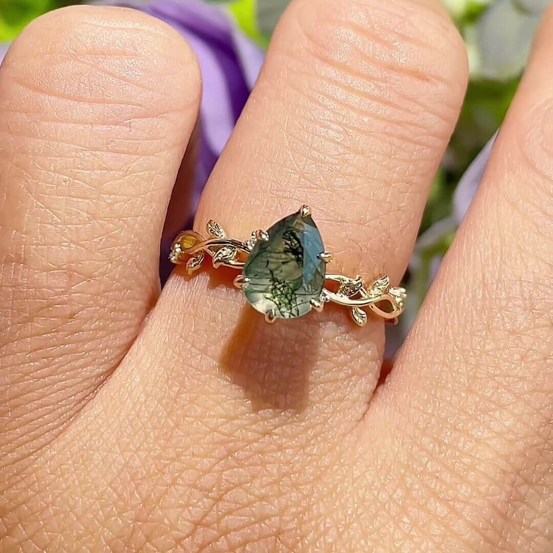 Pear Cut Green Moss Agate Nature Inspired Yellow Gold Sterling Silver Leaves Intertwined Engagement Ring