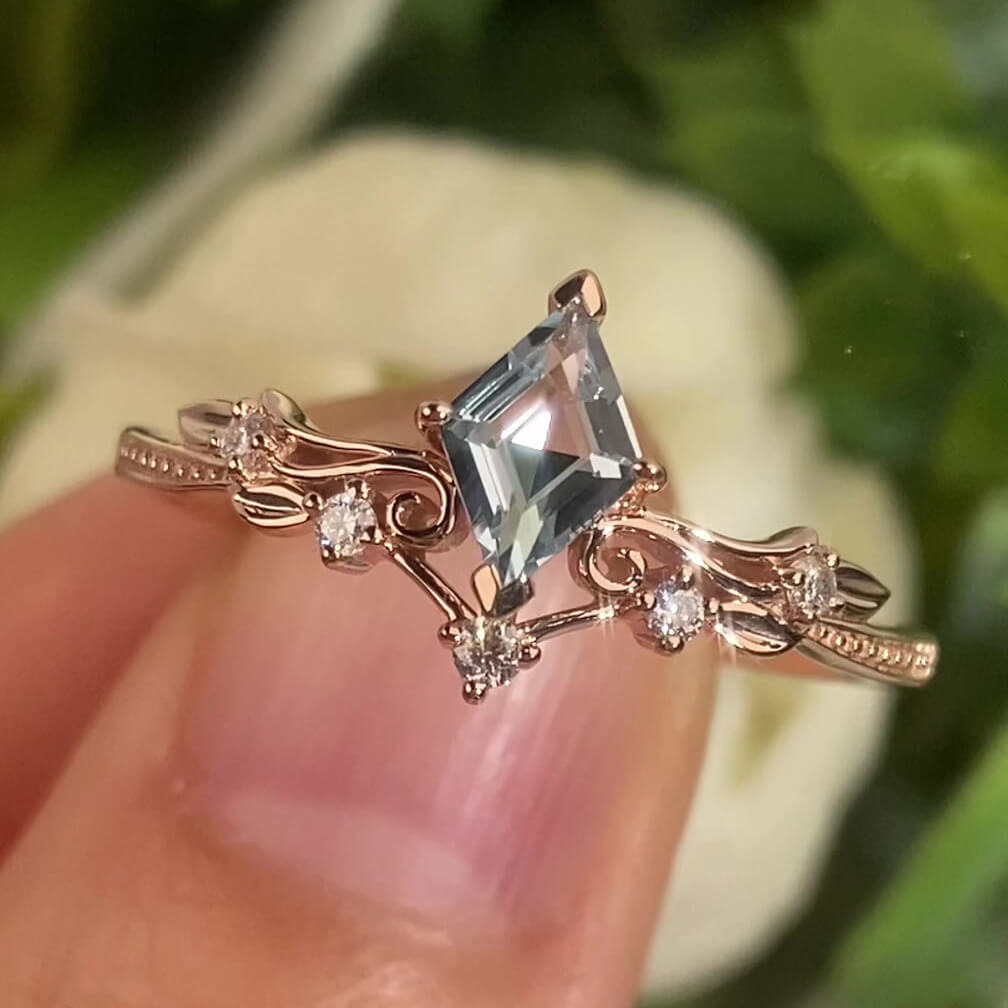 Kite Cut Aquamarine Blue Rose Gold Sterling Silver Art Deco Engagement Ring