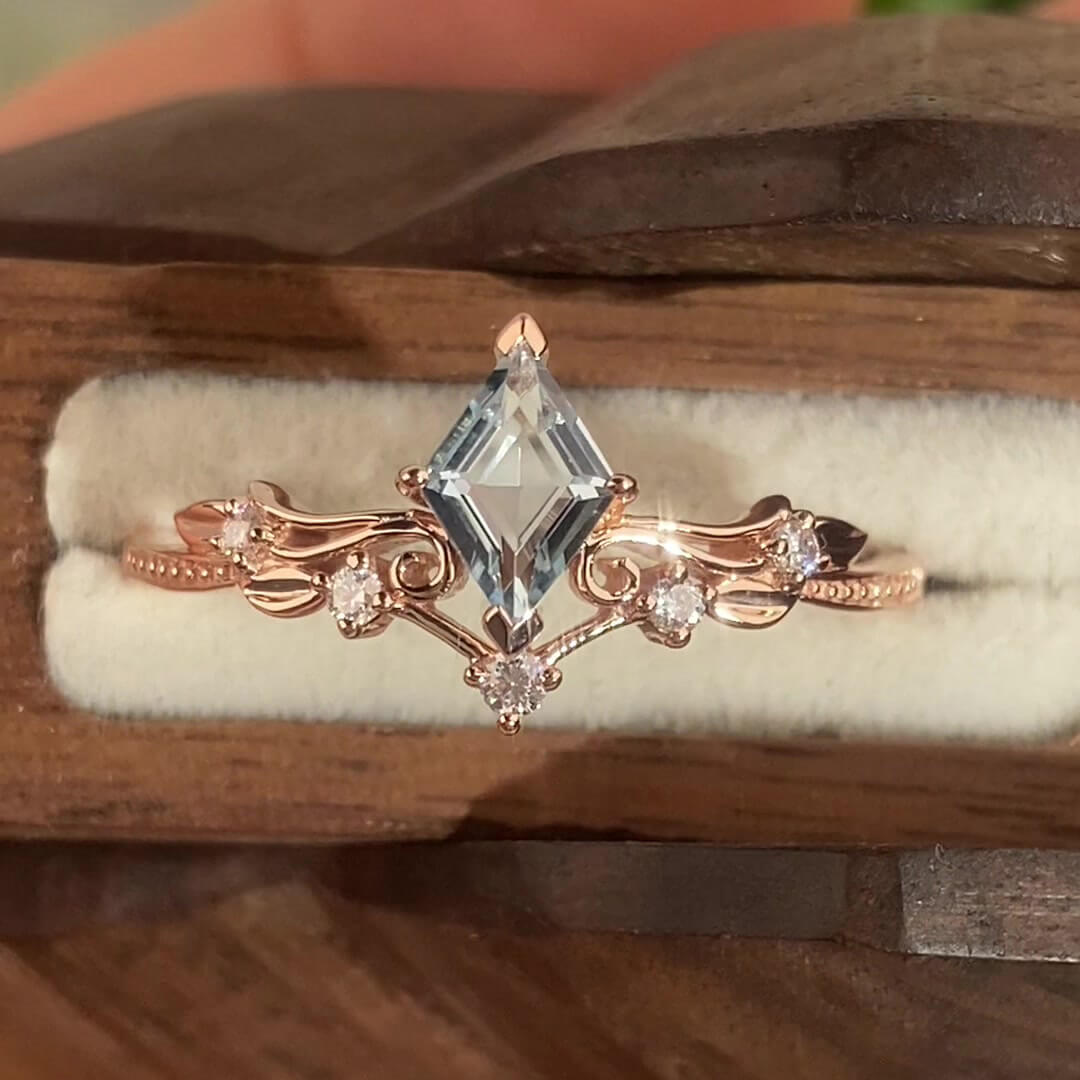 Kite Cut Aquamarine Blue Rose Gold Sterling Silver Art Deco Engagement Ring