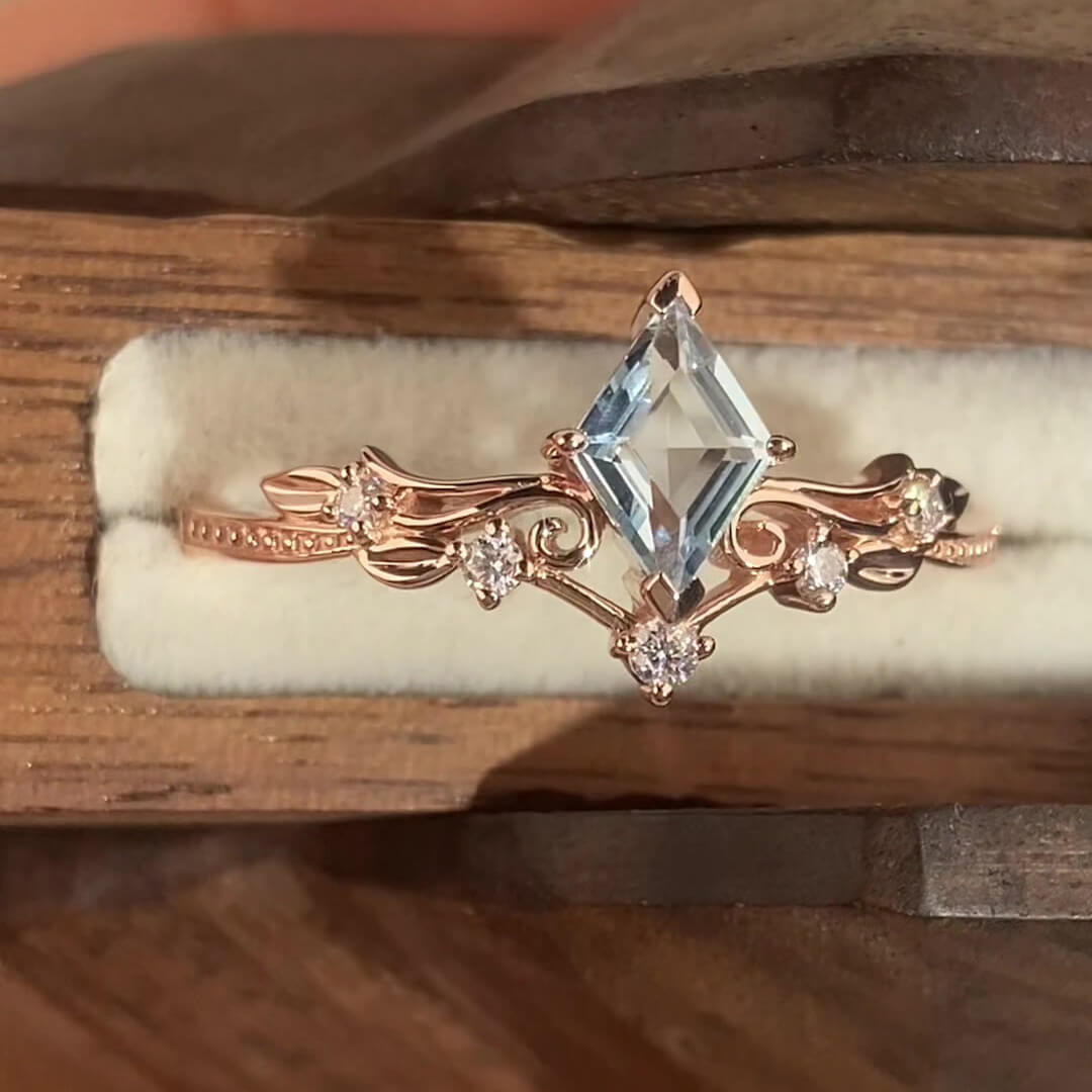 Kite Cut Aquamarine Blue Rose Gold Sterling Silver Art Deco Engagement Ring