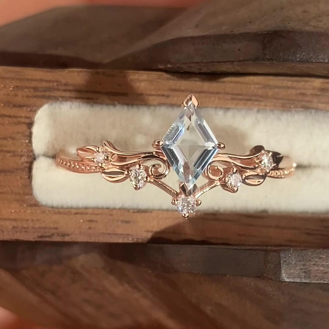 Kite Cut Aquamarine Blue Rose Gold Sterling Silver Art Deco Engagement Ring