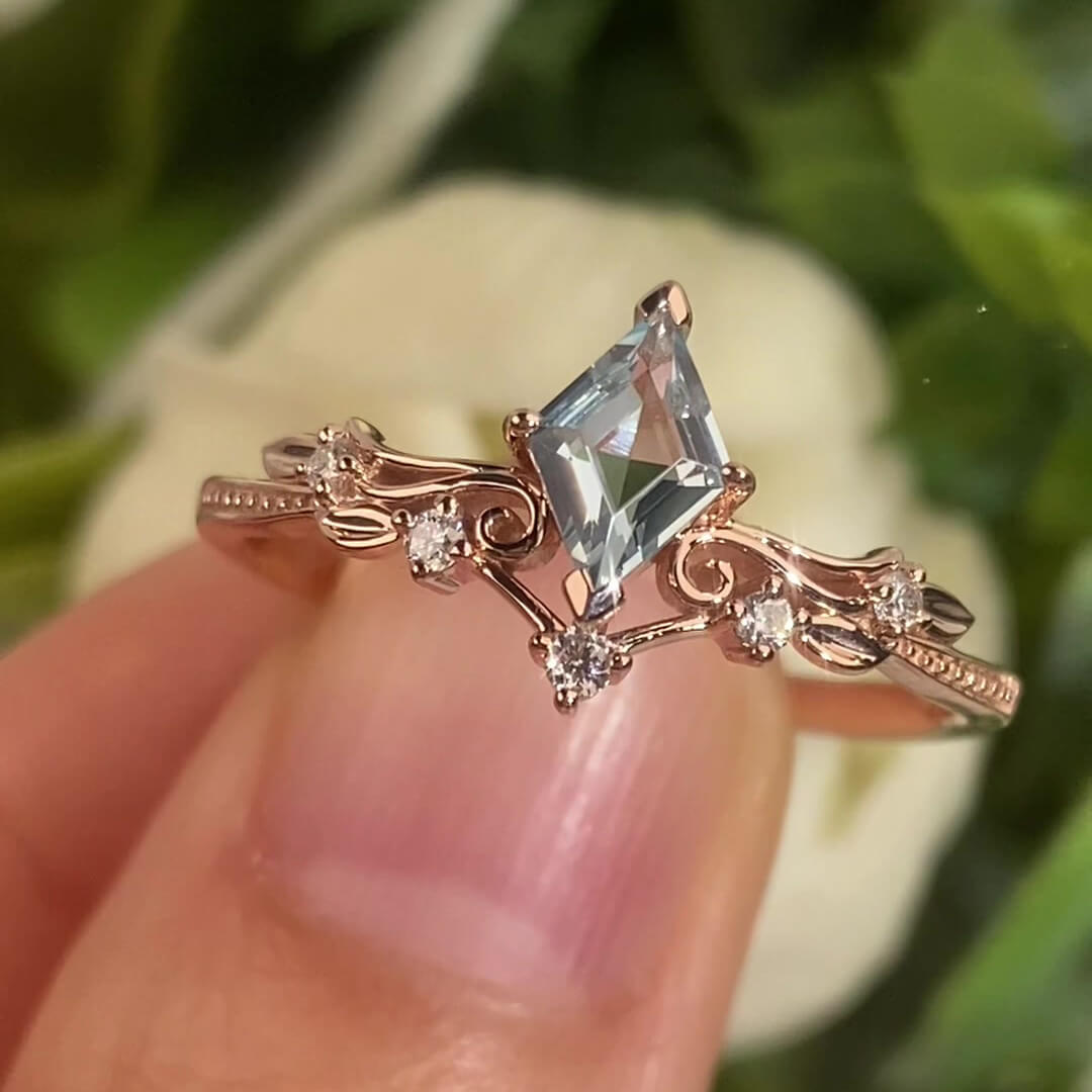 Kite Cut Aquamarine Blue Rose Gold Sterling Silver Art Deco Engagement Ring