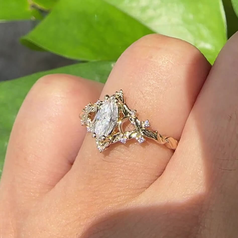 Marquise Cut Diamond White Yellow Gold Sterling Silver Art Deco Engagement Ring