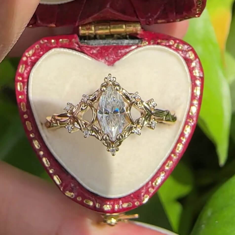 Marquise Cut Diamond White Yellow Gold Sterling Silver Art Deco Engagement Ring