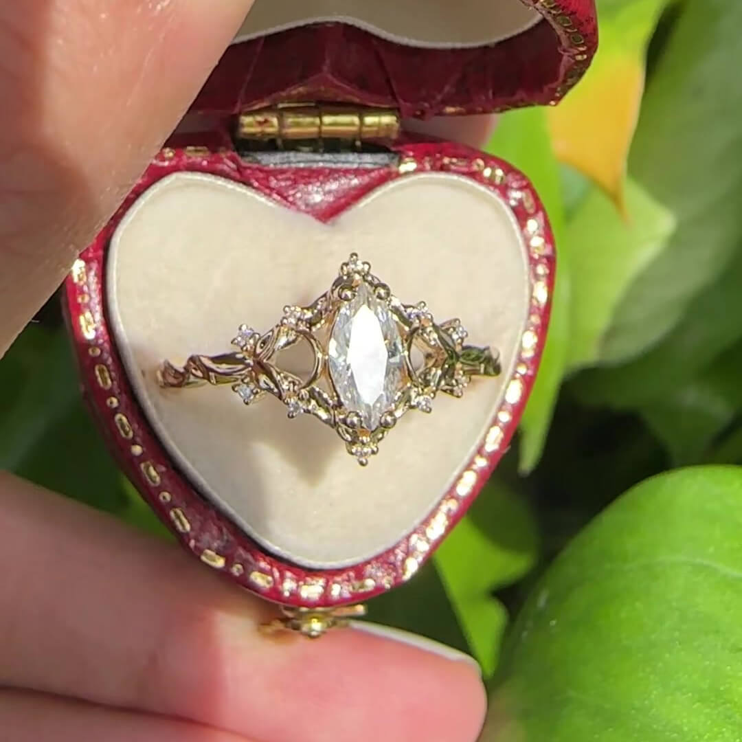 Marquise Cut Diamond White Yellow Gold Sterling Silver Art Deco Engagement Ring