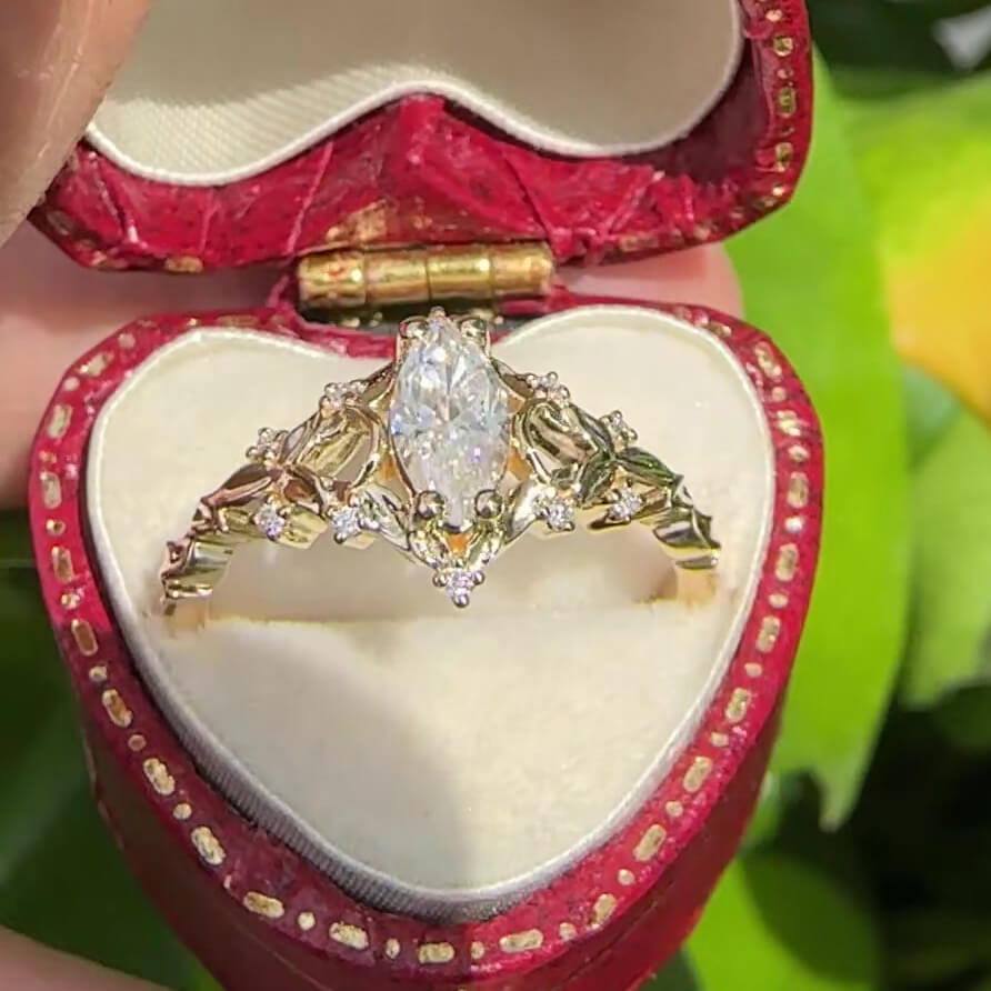 Marquise Cut Diamond White Yellow Gold Sterling Silver Art Deco Engagement Ring