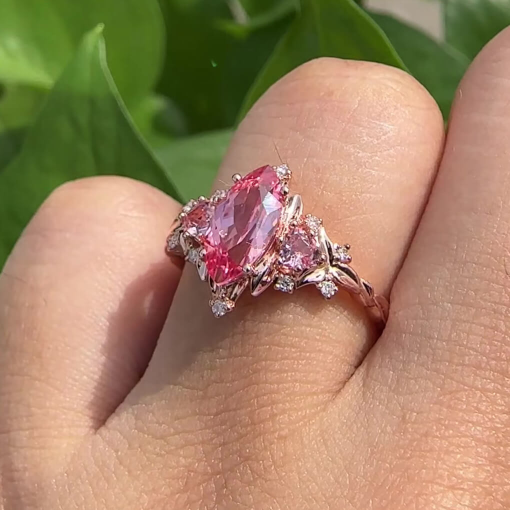 Marquise Cut Fancy Pink Rose Gold Sterling Silver Art Deco 3-Stone Engagement Ring