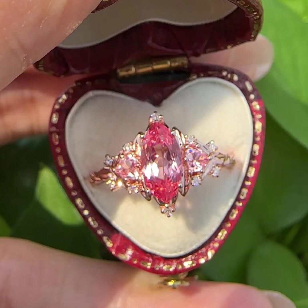 Marquise Cut Fancy Pink Rose Gold Sterling Silver Art Deco 3-Stone Engagement Ring