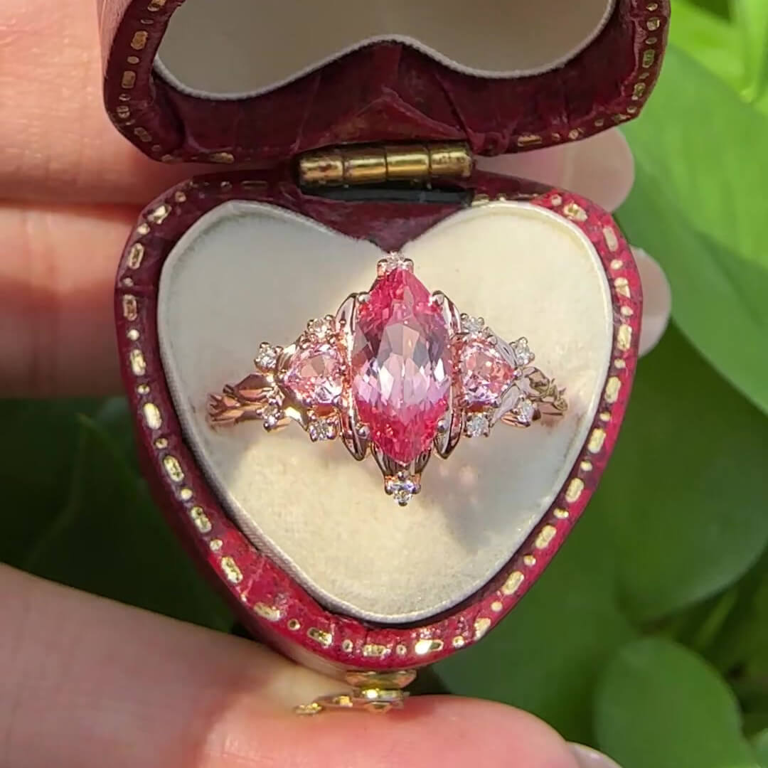 Marquise Cut Fancy Pink Rose Gold Sterling Silver Art Deco 3-Stone Engagement Ring