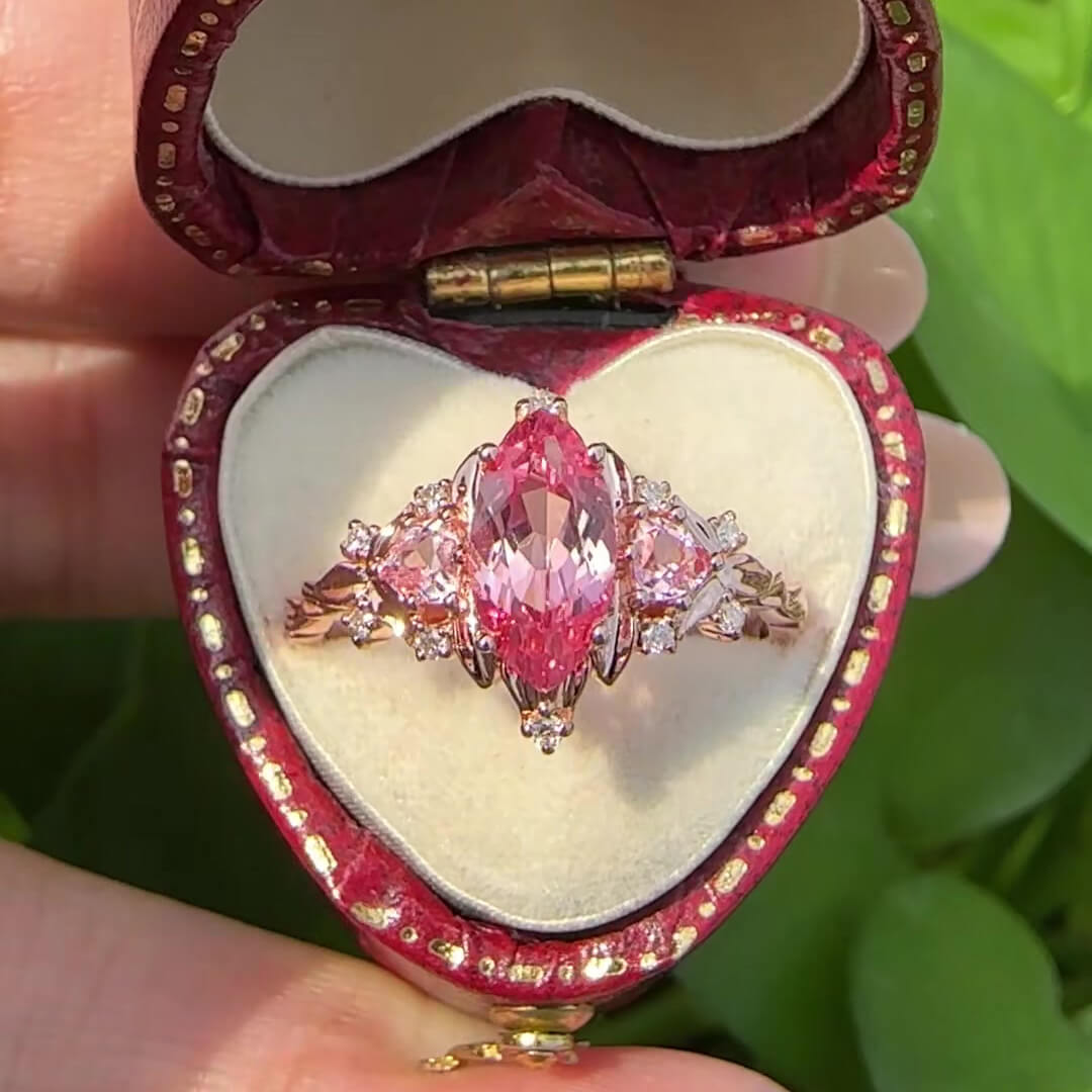 Marquise Cut Fancy Pink Rose Gold Sterling Silver Art Deco 3-Stone Engagement Ring