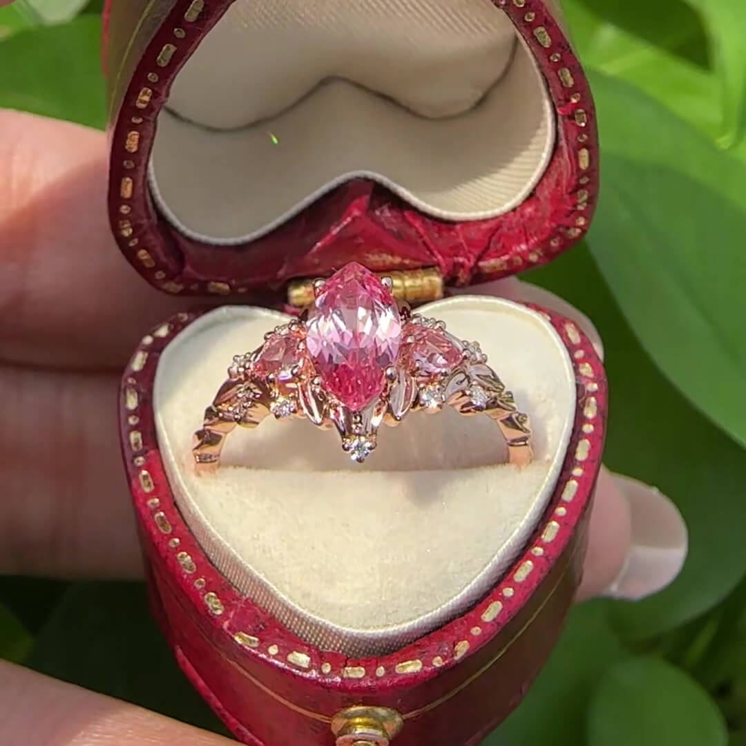 Marquise Cut Fancy Pink Rose Gold Sterling Silver Art Deco 3-Stone Engagement Ring