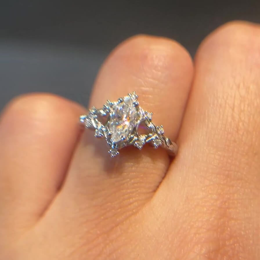 Marquise Cut Diamond White Sterling Silver Art Deco Engagement Ring