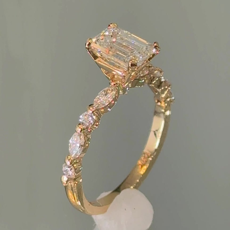 Emerald Cut Diamond White Yellow Gold Sterling Silver Classic Engagement Ring