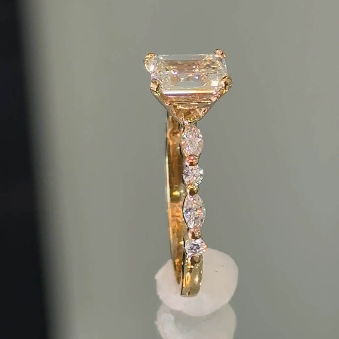 Emerald Cut Diamond White Yellow Gold Sterling Silver Classic Engagement Ring