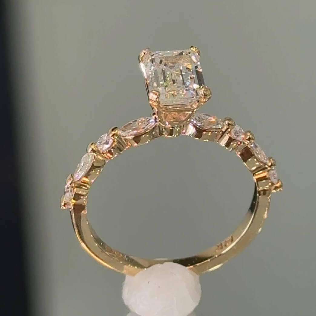 Emerald Cut Diamond White Yellow Gold Sterling Silver Classic Engagement Ring